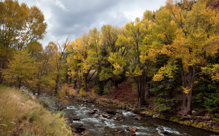 Autumn river. - scenery, landscape, tree, fall, river, nature, autumn, cloud, sky