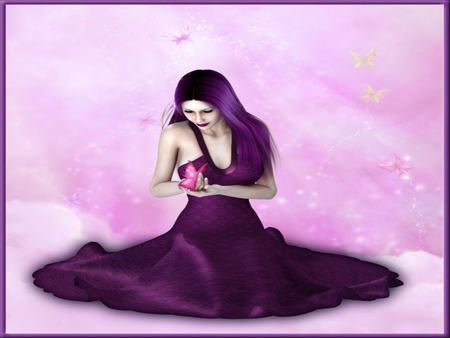 FLYING MAGIC - female, purple, butterflies, dress, pink, hair