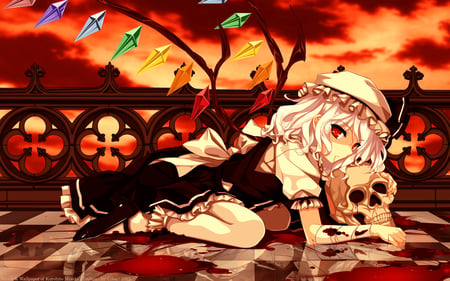 Flandre Scarlet - hat, anime, flandre scarlet, dress, girl, short hair, skulls, sunset, rainbow, wings, ribbon, daytime, bow