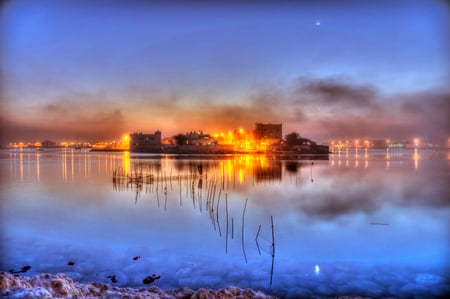 Beautiful night - clouds, water, blue, image, landscape, night, reflection, architecture, shore, picture, modern, lights, sky