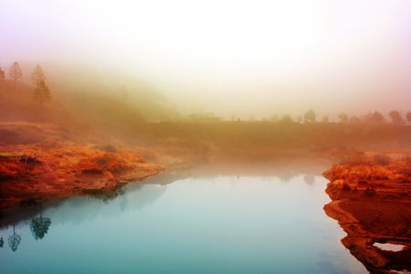 Cold and silent morning - morning, background, landscape, silent, nature, lakes, cold, reflection, fogg, red, blue, beautiful, misty