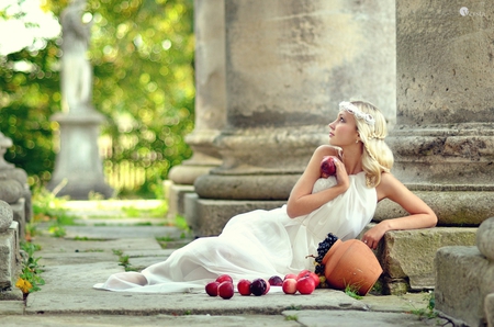 Aphrodite.. - goddess, white, aphrodite, apples, young, woman, grapes