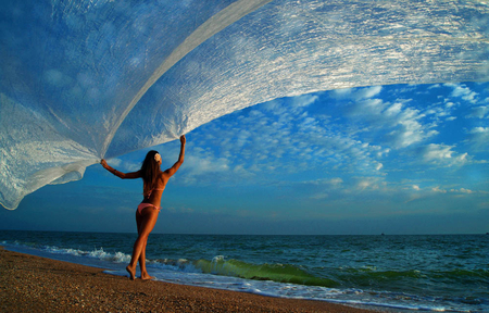 Silk Clouds - beauty, beach, young, silk, clouds, bikini, sea