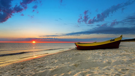 Boat on the Beach - sky, beach, sunrise, sea, boat