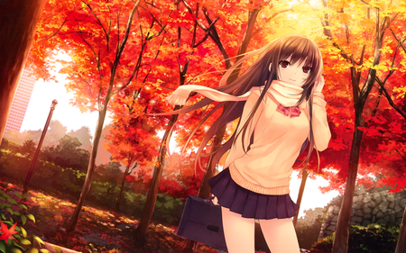 Autumn Day - brown eyes, anime, original, girl, brown hair, buildings, leaves, tree, school uniform, scarf, autumn