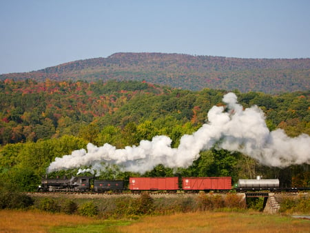 The train passes - train, nature, landscape, smoke, machine