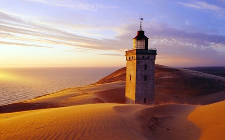 Lighthouse - sunset, nature, lighthouse, beach, dune