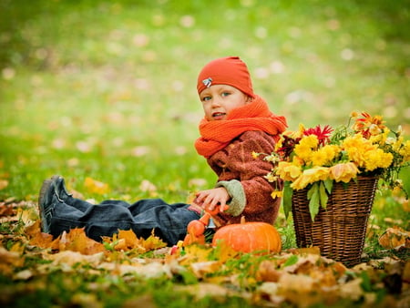 Enjoying the nature - people, pumpkin, boy, basket, grass, flower