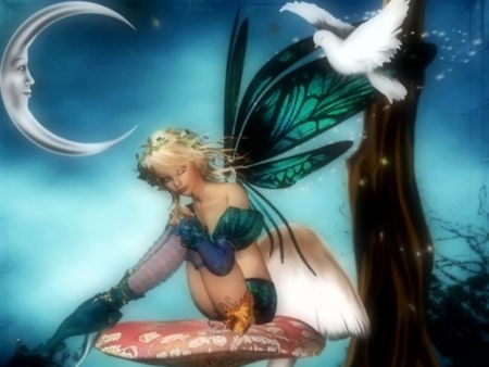 Fairy - moon, wings, fairy, clouds