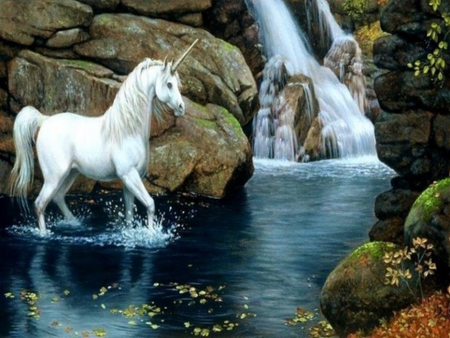 Unicorn - water, unicorn, rocks, falls