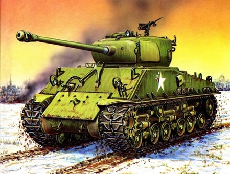 Sherman M-51 Tank - isherman, m-51, military, tank, war, drawing, sherman, painting, m51, art