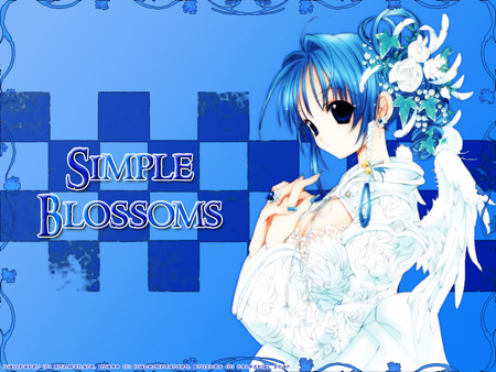 Simple Blossoms - anime, simple blossoms, white, blue, wings, girl, angel