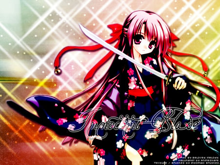 Innocent Blade - anime, girl, sword, kimono, flower, pink, long hair, samurai, blade, katana, innocent blade