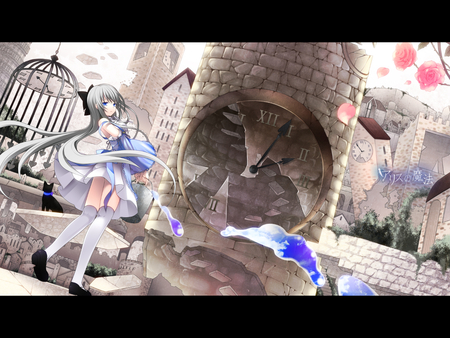 Flow of time - girl, flow, petals, anime, water, clock, lovely