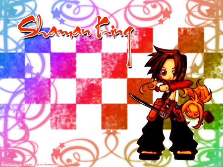 Shaman King - rainbow, yoh asakura, shaman king, chibi, black, amidamaru, white, sd, boy, red, yoh, anime