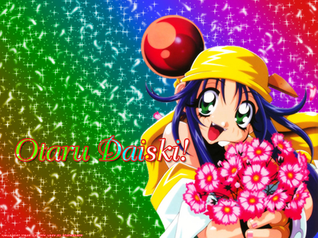 Otaru Daiski! - anime, otaru daiski, girl, lime, saber marionette j, long hair, flowers, bandana, rainbow