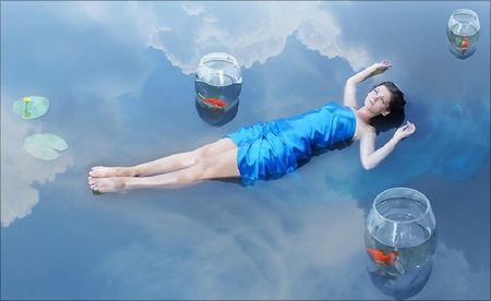 Relaxing pool - abstract, fishbowl, water, blue, blue dress, girl, lovely, bowl, pool, nice