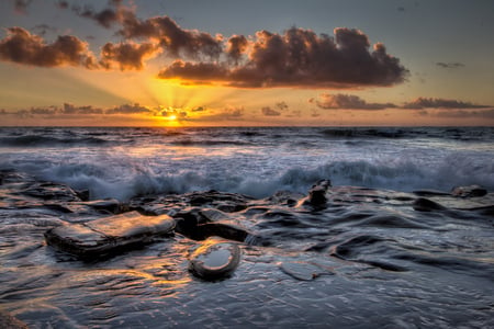 Sunset - pretty, scenery, coast, blue, amazing, beach, landscape, great, view, nice, sky, sun, clouds, water, beautiful, photography, sea, beauty, colors, lovely, cool, ocean, stones, black, nature, sunset, rays, waves