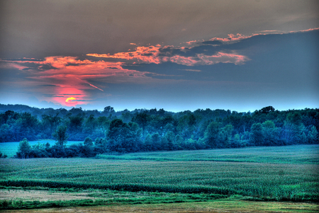 Colors all over - beauty, sky, trees, places, image, field, other, clouds, green, orange, landscape, background, nature, picture, forest, beautiful, blue, colors