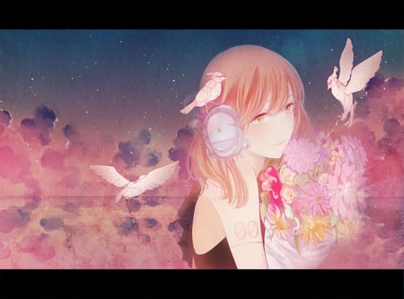 tagme - artist, sexy, girl, bird, tagme, pink, headphones, anime, animal, flowers, cute