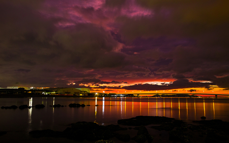 Beautiful Night - beach, splendor, reflection, view, cloudy, sky, storm, clouds, beautiful, sea, stormy, beauty, colors, lovely, colorful, nature, lights, peaceful, bridge