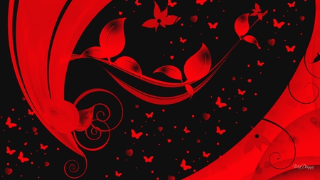 Valentime Special - hearts, abstract, red, leaves, valentines day, black, butterflies