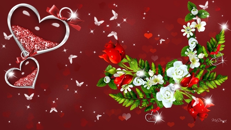 Valentine Roses - romantic, butterflies, valentines day, sparkles, romance, stars, red, red and white roses, hearts