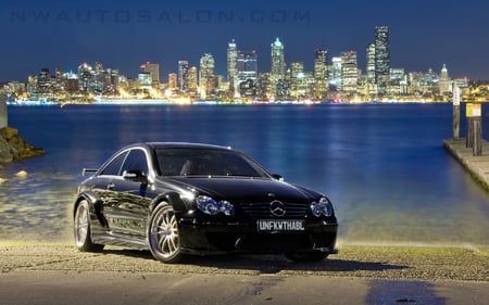 modified mercedes - silver alloys, lights, water, black, buildings