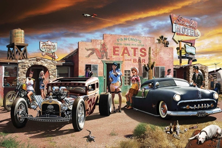 Vintage Eats - rat, hotrod, dog, rod, car, ford, art, hot, girl, mercury, street, drawing, babe, woman, vintage, painting, classic, merc, antique