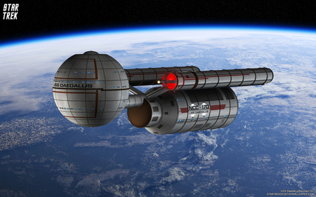 uss daedalus - stars, clouds, starship, planet, sea