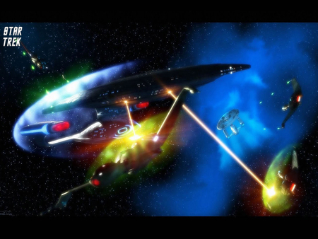 klingons vs the federation - starships, shields, firing, stars, gas cloud