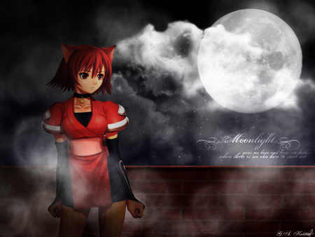 Shining tears Mao - moon, neko, ears, girl, chinese, beauty, moonlight, red hair, animal, red eye, red, cute, sexy