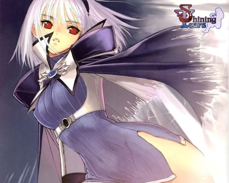 shining tears - cape, beauty, white hair, red eyes, short hair, wind, white, cute, shining tears, sexy