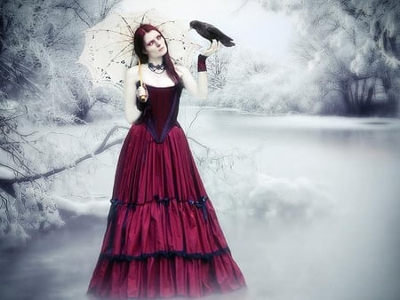 Alone with reaven - winter, woman, bird, dress