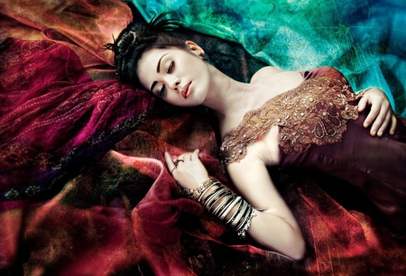 Getting her Beauty Sleep - woman, beautiful, colors, silks, bangles, asian