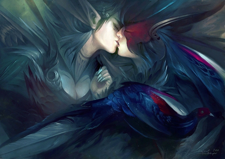 Kiss... - bird, female, wing, lipseyes, angel, coloful, lip, hd, kiss, color, beautiful, girl, digital art, feather, lovely, love, sweet, elf, digital painting, cg, fantasy, valentine, cute, lover, lovers