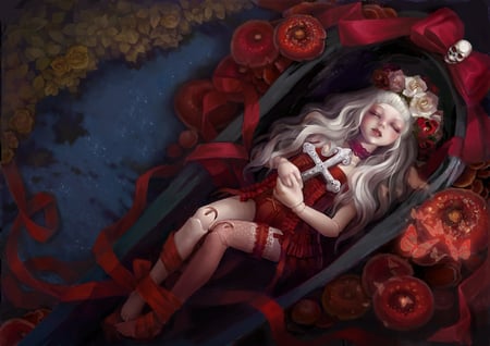 Sleep Peace - ball jointed doll, water, anime girl, rose, fantasy, cross, halloween, art, sleep peace, dead, dark, anime, ribbon, silver hair, boat, manga, undertake, pixiv, death, girl, peace, long hair, alice, alone, sleep, doll, bow, blonde, flower