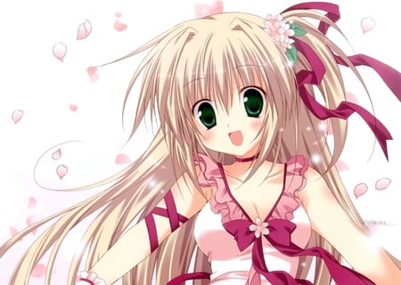 Anime Girl - hot, hair, eyes, ribbons, white, dark, anime, green, ribbon, cute, sexy, background, girl, light, wallpaper, hd, red, pink, blossom, uniform, blush, blonde, outfit, dress