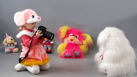 Cute child - kid, girl, camera, colorful, child, stuff toys, cute