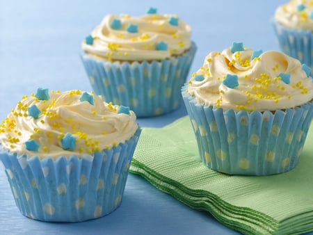 Cupcakes  - cream, yellow, blue, food, stars, sweet, cupcakes