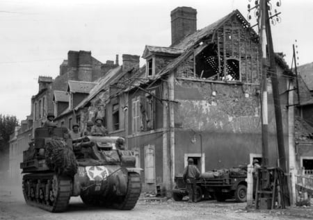 WWII Liberation - united, town, military, tank, war, black, white, world, ww2, sherman, states, us, army, wwii, ruins