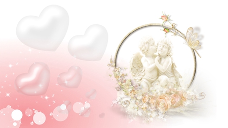 Kiss an Angel - love, statue, hearts, butterfly, romantic, pink, valentines day, angels, romance, flowers