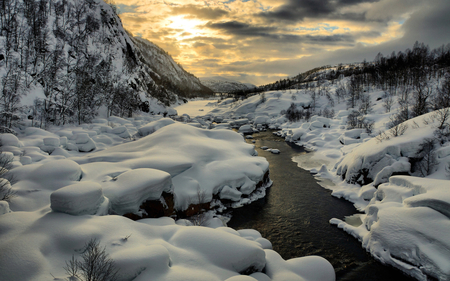 Winter Time - beauty, sky, trees, photography, peaceful, water, stream, mountains, sunset, rocks, white, view, winter time, clouds, river, tree, snowy, landscape, winter, lovely, nature, picture, snow, beautiful, splendor, winter splendor, sunrise