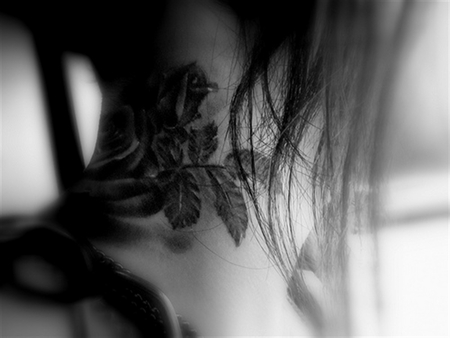 Believe - neck, tattoo, black and white, woman