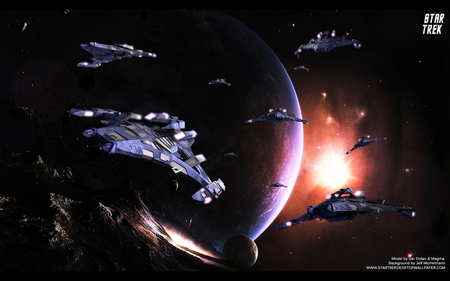 jem hadar fighters - ships, moon, planet, sun, stars