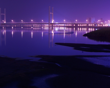 bridge - china, purple, river, night, water, bridge