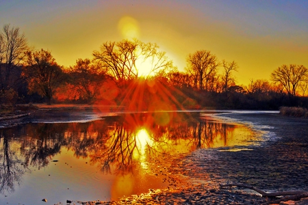 burning sky - nature, churchill woods, reflection, water, sunset