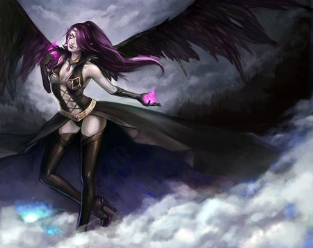 Morgana - stength, magic, angel, long hair, evil, dark, morgana, glow, black, endurance, purple, wings, feathers, power