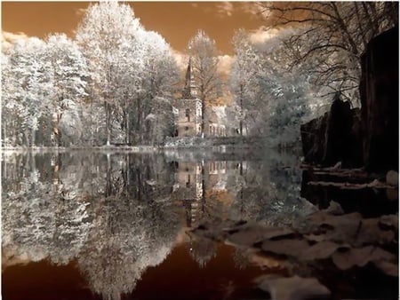 Reflections - lake, trees, church, mirror, winter, rocks