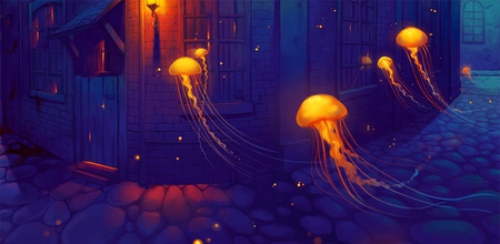 Visitors bright and abyssal - pc, seabed, darkness, widescreen, other, art, view, amazing, visitors, yellow, cool, dark, golden, artistic, abyssal, light, wallpaper, country, counties, beautiful, stones, sea, beauty, nice, water, image, fantasy, brightness, oceans, marine life, desktop, houses, background, 3d and cg, gold, picture, bright, pavement, abstract, marine water, blue, colors, awesome, lightness